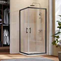 ELEGANT Black Frame 760 X 760 Mm Corner Entry Shower Enclosure With Sliding Shower Door For Bathroom Wet Room