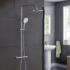 AICA Bathroom Thermostatic Mixer Shower Set Square Silver Twin Head Exposed Valve 255mm Round