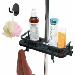 Plastic Adjustable Telescopic Shower Shelf, Bathroom Shelves,Bathroom Organizer Soap Holder For Storing Shampoo Soap, No Drilling Mounting For 18mm-25mm, Black