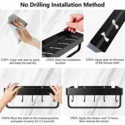 Shower Shelf Without Drilling Bathroom Shelf With Towel Rail And Aluminum Hook Storage Shelf For Shower And Kitchen Set Of 2 Black -Bathroom Supplies Store 89263733 4