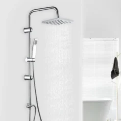 Bathroom Square Shower Mixer Set Twin Head Chrome Waterfall Riser Rail Hose NEW