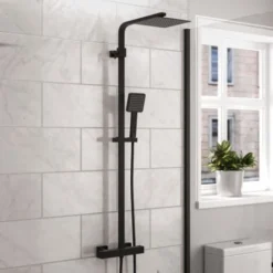 Modern Square Matte Black Exposed Thermostatic Mixer Shower Set With Shower Head And Handheld