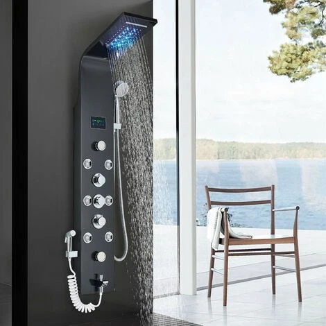 Black Hydro-Massage Shower Column Panel With LCD Display And Hand Shower And 8 Massaging Nozzles Stainless Steel Multi-Functional Shower System For Bathrooms 1 Black Hydro-Massage Shower Column Panel With LCD Display And Hand Shower And 8 Massaging Nozzles Stainless Steel Multi-Functional Shower System For Bathrooms