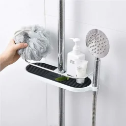 Telescopic Shower Shelf, Aluminum Alloy Adjustable Pole Shower Shelf With 2 Hooks -Bathroom Supplies Store 93515020 5