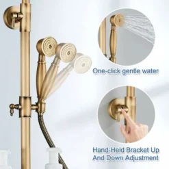 Colonne De Douche Antique Réglable En Hauteur Système De Douche En Laiton Doré 3 Modes De Douche Avec Tablette -Bathroom Supplies Store 93564284 3
