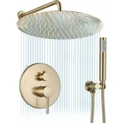 Ensemble De Douche Encastrable Doré Brossé 25cm25cm Système De Douche 2 Fonctions Mitigeur De Douche Avec Rond Ultra Fin Pommeau De Douche En Laiton Kit Douche Encastrable Plafond