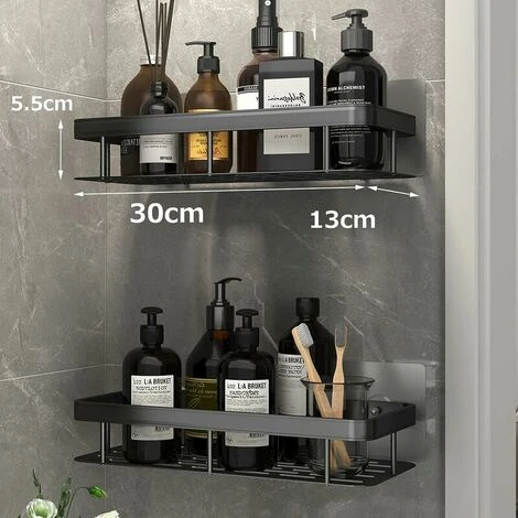 Set Of 2 Shower Shelf Without Drilling, Aluminum Bathroom Wall Shelf With 4 Hooks, Self-Adhesive Shower Holder, Shower Storage For Bathroom/Kitchen/Bedroom 2 Set Of 2 Shower Shelf Without Drilling, Aluminum Bathroom Wall Shelf With 4 Hooks, Self-Adhesive Shower Holder, Shower Storage For Bathroom/Kitchen/Bedroom - Image 2