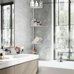 4 Tier Tension Corner Shower Caddy Rustproof Aluminum Bathroom Storage Shelves -Bathroom Supplies Store 96821740 5