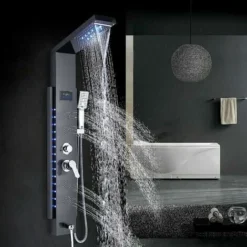 LED Shower Panel Column Tower With Waterfall,Rainfall Shower Head,Body Jets,Handheld Shower And Bath Spout 5 In 1 Multiple Function Shower System For Bathroom Black
