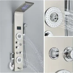Shower Panel Tower System Brushed Nickel Stainless Steel LED Rainfall Waterfall Shower 6 Functions With Massage Nozzle Rainfall Hand Shower Bathroom Wall Mounted Shower Panel -Bathroom Supplies Store 99338336 4