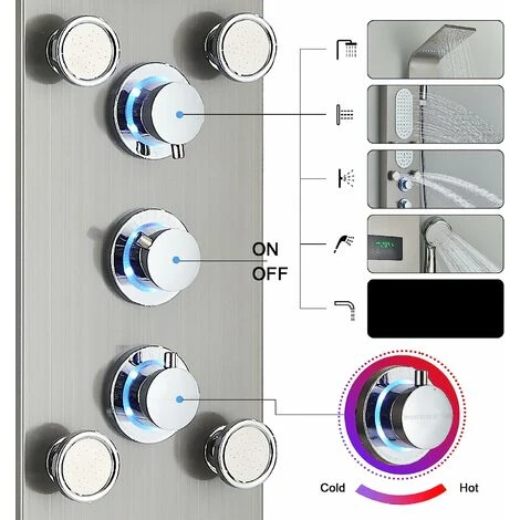 Bathroom Shower Panel Tower System LED Stainless Steel With 5 Function Shower Head Handheld Shower Massage Jets Brushed Nickel 4 Bathroom Shower Panel Tower System LED Stainless Steel With 5 Function Shower Head Handheld Shower Massage Jets Brushed Nickel - Image 4